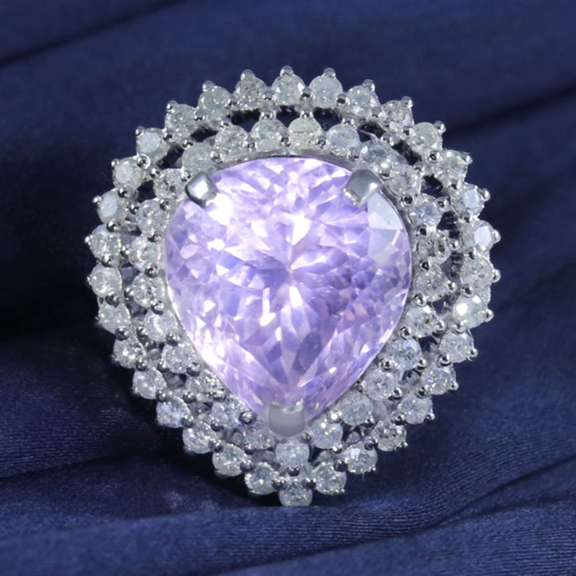 14 K / 585 White Gold Very Unique large Kunzite (IGI Certified ) & Diamond Cocktail Ring