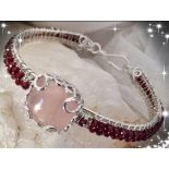 Solid 8 ct Rose Quartz and red Garnet Bangle Cuff bracelet 925 silver