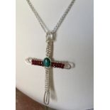 Large Cross on Silver Chain American Turquoise and red garnet Sword Harry Potter fan maybe