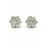 2ct Diamond Cluster Stud Earrings - H.SI - 18ct White Gold - 4.00g