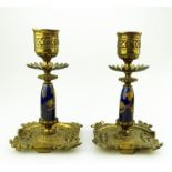 Antique Metalware Lighting a fine pair of gilt & porcelain Candlesticks C.19th