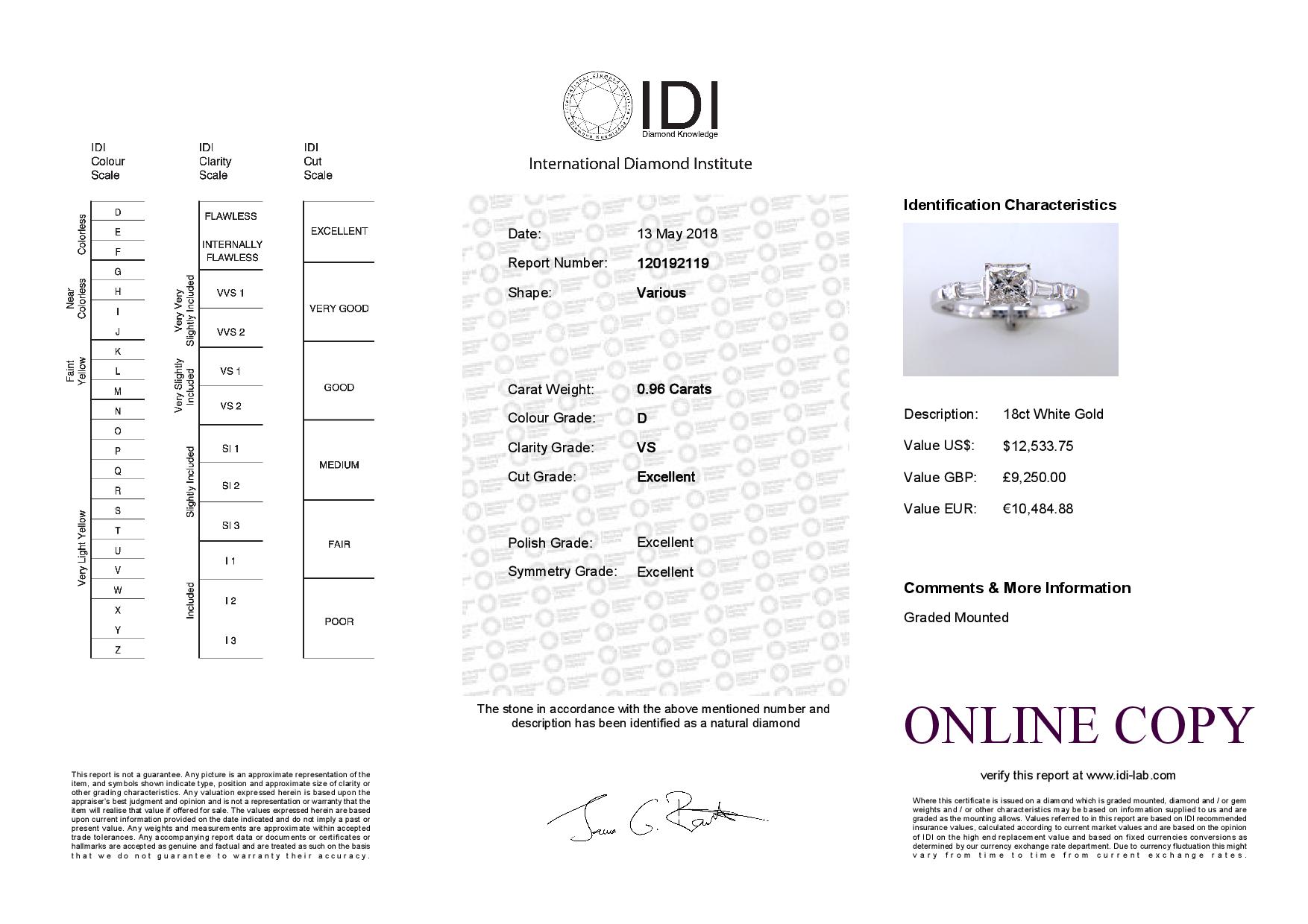 18ct White Gold Single Stone Princess Cut Diamond Ring With Set Shoulders (0.72) 0.96 - Image 2 of 2