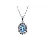 9ct White Gold Fancy Cluster Diamond Blue Topaz Pendant 0.02