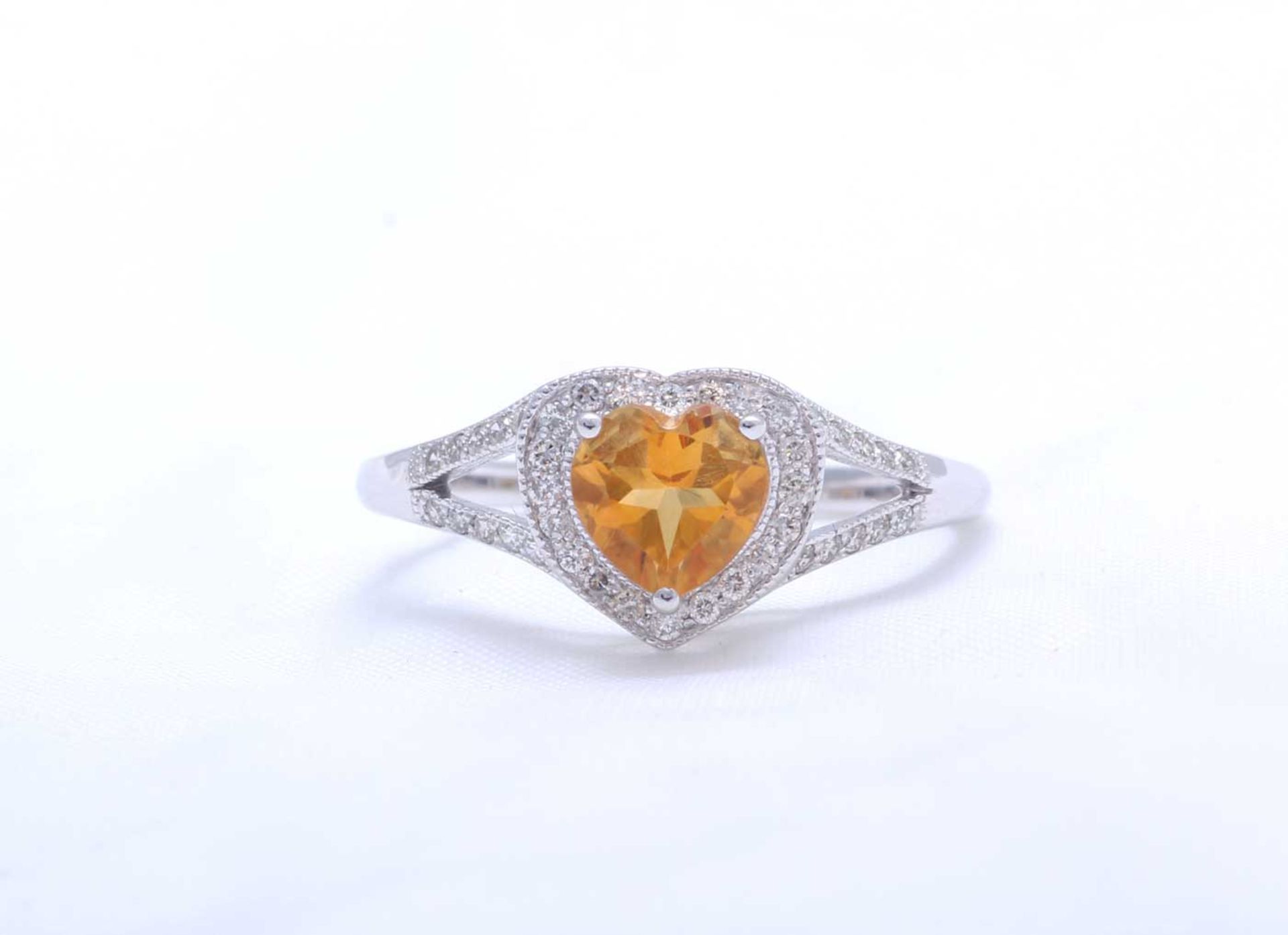 9ct White Gold Heart Shape Citrine Diamond Ring 0.20