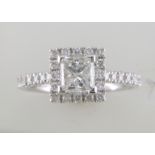 18ct White Gold Single Stone Princess Cut With Halo Shoulders Stone setting Diamond Ring (1.00) 1.36