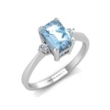 9ct White Gold Diamond And Emerald Cut Blue Topaz Ring 0.04