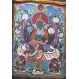 Thangka, blaue Tara, Tibet, Anfang 20. Jahrhundert, Gouache auf Leinengewebe, Brokateinfassung,