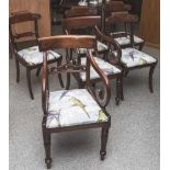 Vier Stühle und zwei Armlehnstühle, England, 19. Jahrhundert, Mahagoniholz, nach hinten geschwungene