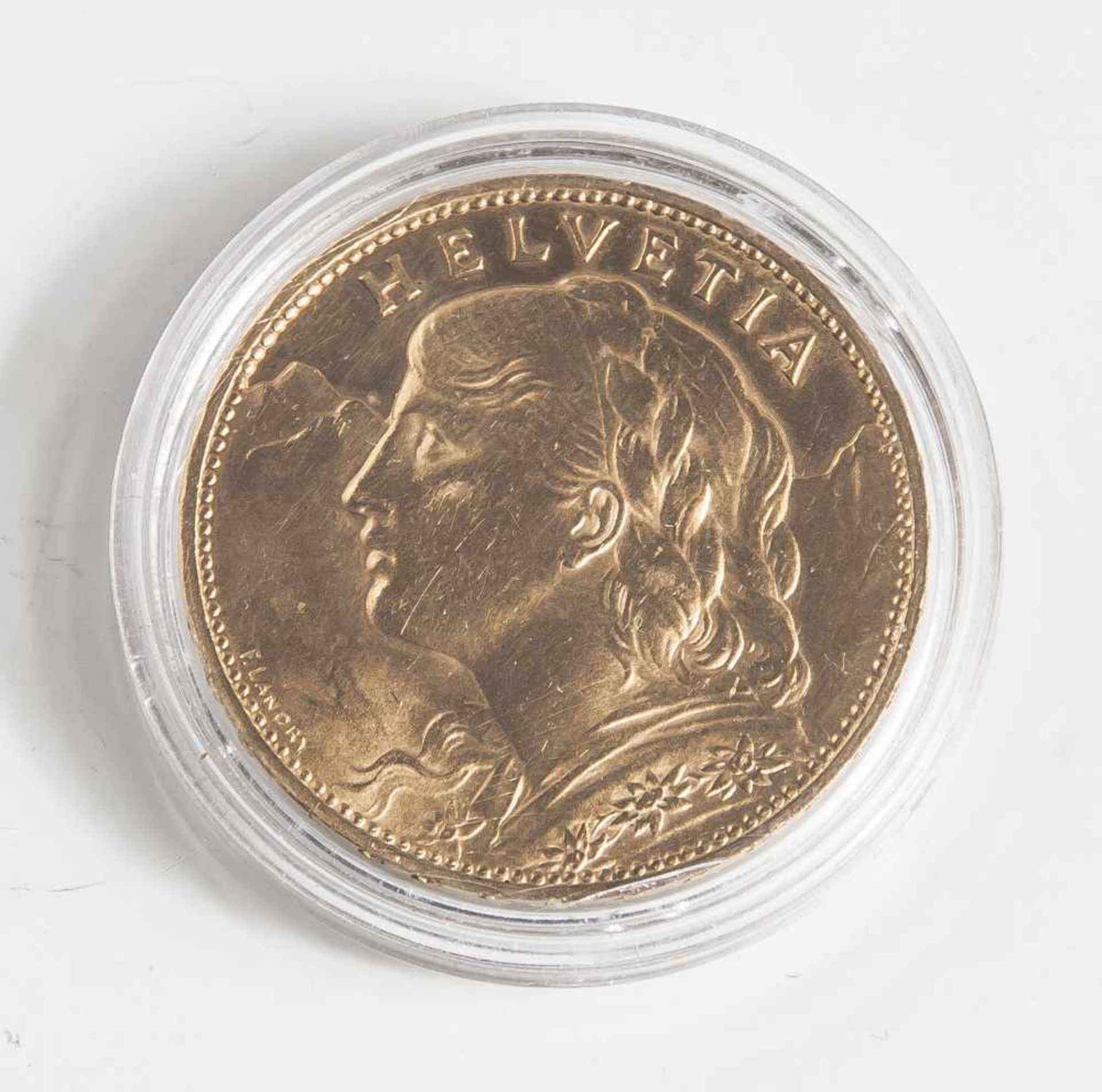 100 Schweizer Franken, 1925, Vreneli, Gold 900/1000, "B", DM waagerecht: 35,73, DM senkrecht: 35,