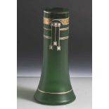 Vase, um 1900/10, Jugendstil, waldgrünes Glas mit Emailfarben dekorativ bemalt. H. ca. 27 cm, min.