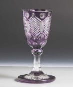 Pokalglas, aus klarem Glas mit violettem Überfang, "Ansicht Römertor in Wiesbaden", spätes 19.