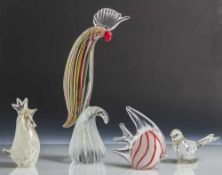 Konvolut von 4 Tierfiguren, wohl Murano, farbiges Glas mit farbigen Einschmelzungen, darunter: a)