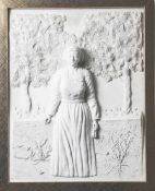 Reliefplatte, 19./20. Jahrhundert, Stuck, Darstellung mit junger Frau im Garten. Ca. 49 x 39 cm,