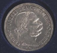 5 Korona, 1900 K.B, Österreich/Ungarn, Silbermünze, Kaiser Franz Joseph mit ungarischer Krone -VZ (