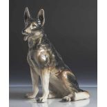 Hundefigur, unbekannter Herst., Keramik, Krakeleeglasur, polychrome Bemalung in Unterglasurfarben,