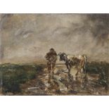 Unbekannter Künstler (19./20. Jahrhundert). Mann mit Kuh auf Feldweg, Öl/Malkarton, li. unten