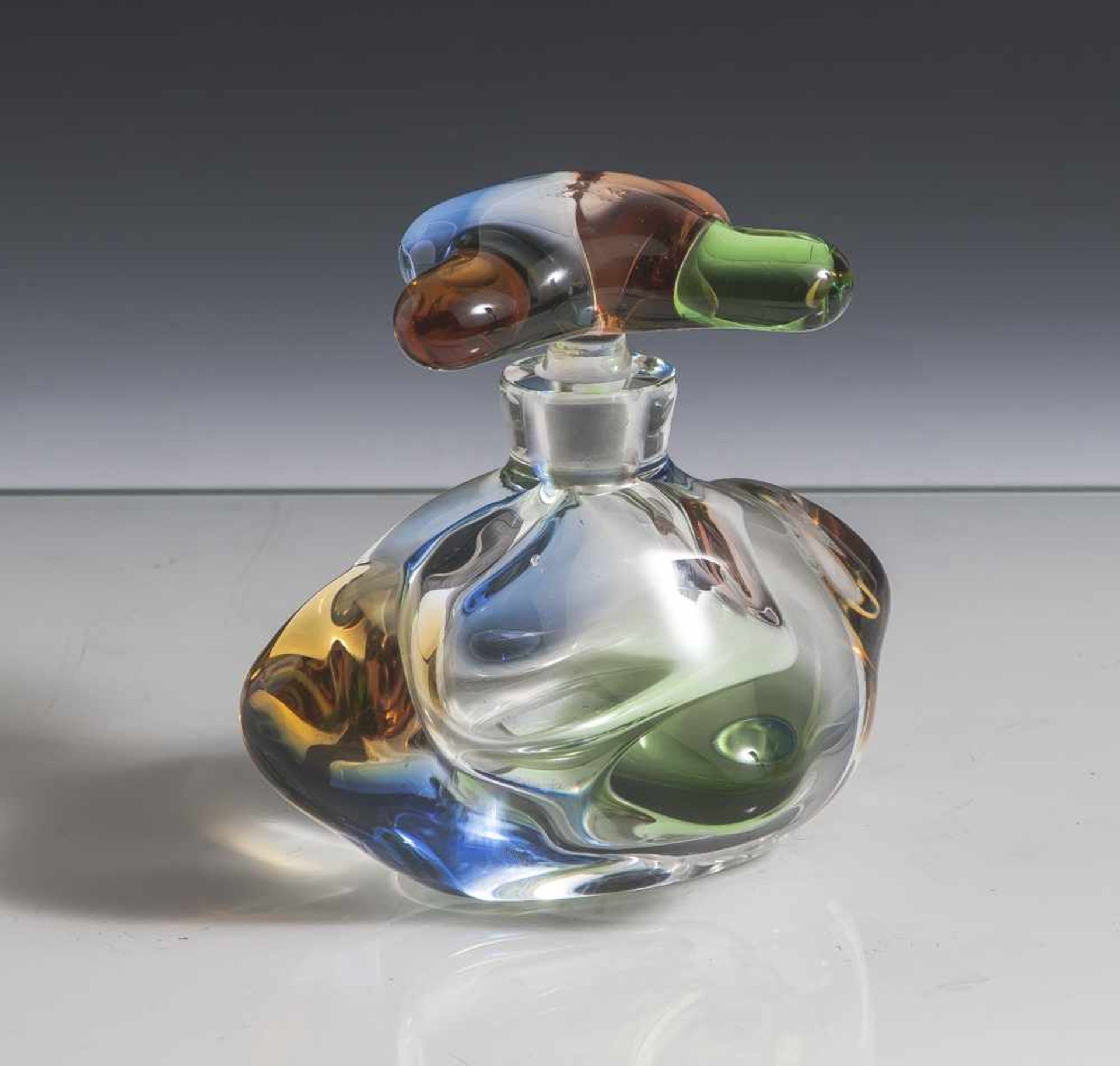 Flakon, Moser, 1960er Jahre, farbloses Glas, partiell in Orange, Blau und Grün überfangen.