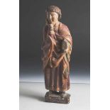 Figurine, wohl alpenländisch, 16. Jahrhundert, Holz, halbrund geschnitzt, hinten abgeflacht,