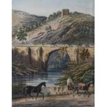 Chevalieraux, M. (19.Jahrhundert), Landschaft in Frankreich mit Reiter am Flußufer vor einer