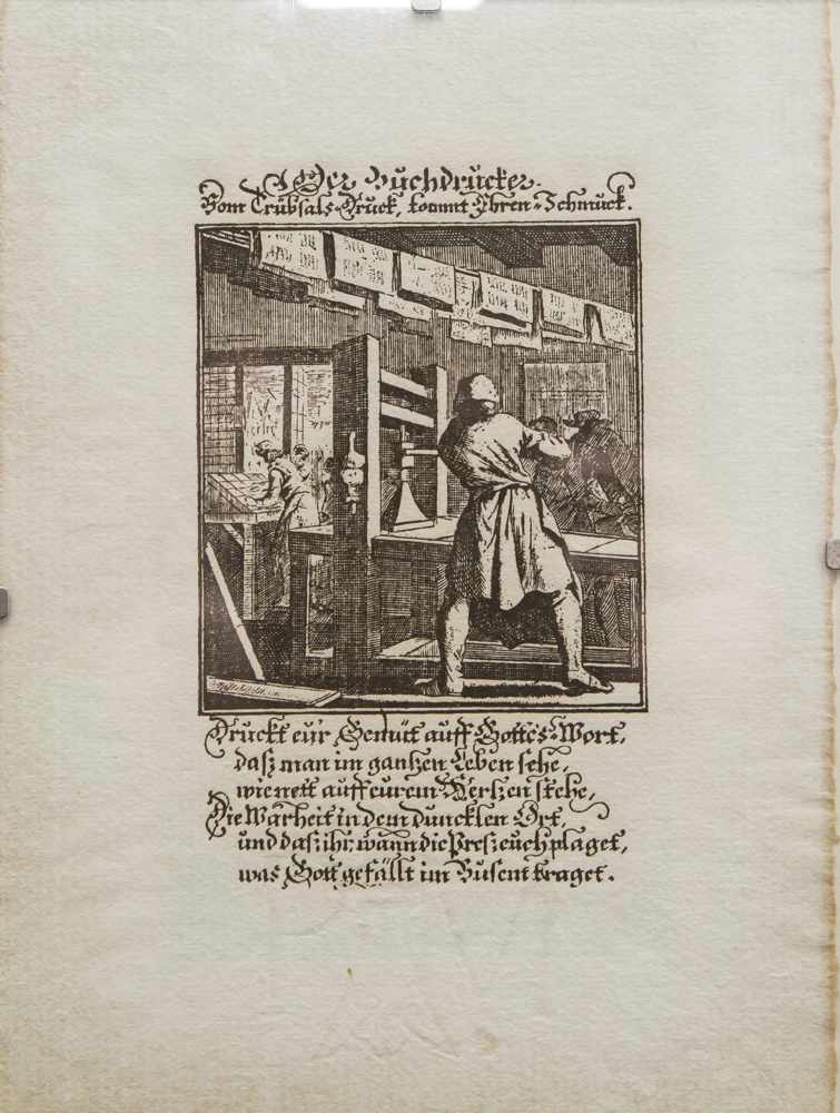 Nachdruck eines Kupferstichs aus dem 15./16. Jahrhundert, "Der Buchdrucker", mittig Darst. eines