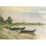 Müller, Karl Arthur (1892-1978), Landschaft bei Rowe an der Lupow mit Ruderbooten, Deckfarben, re.