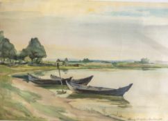 Müller, Karl Arthur (1892-1978), Landschaft bei Rowe an der Lupow mit Ruderbooten, Deckfarben, re.