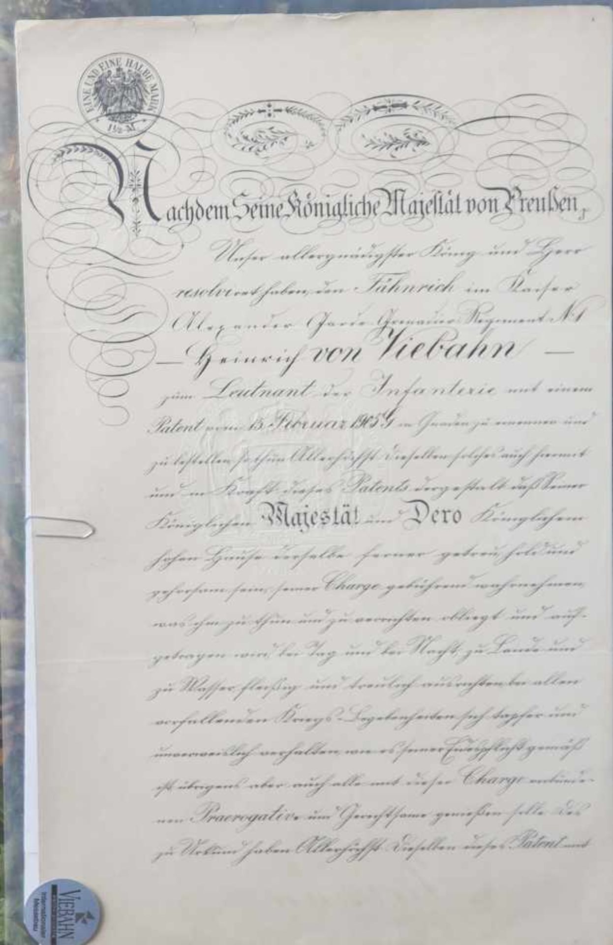 Urkunde/Patent für Heinrich von Viebahn vom Fähnrich zum Leutnant der Infanterie durch König von