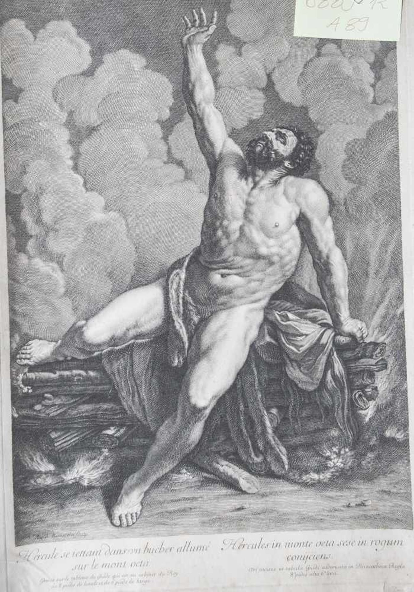 Rousselet, Gilles (1610-1686), Herkules auf dem Scheiterhaufen, Kupferstich, li. u. im Druck