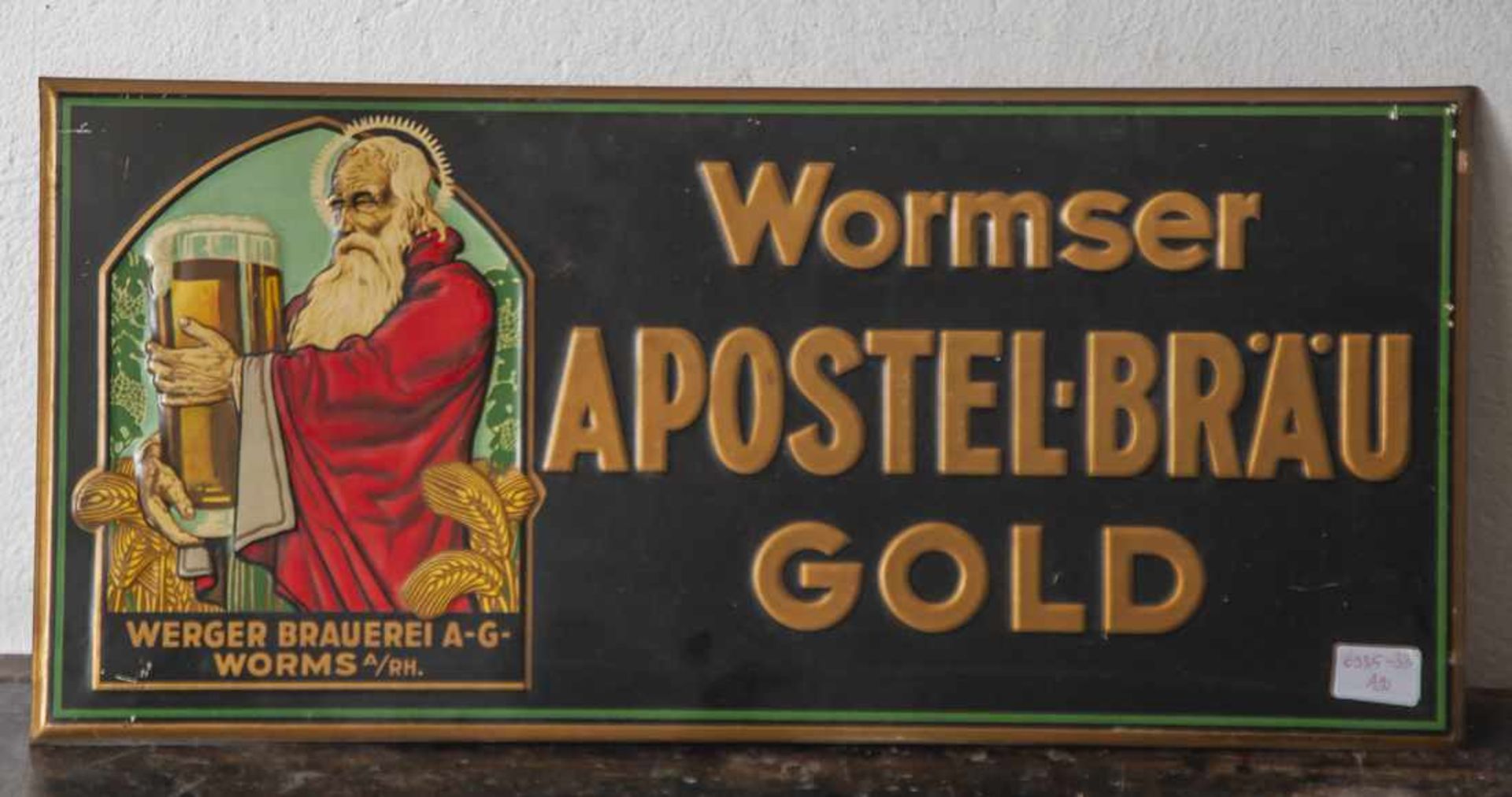 Werbeschild, Wormser Apostel-Bräu Gold, Werger Brauerei A.G. Worms A/RH., Metall geprägt, Felix