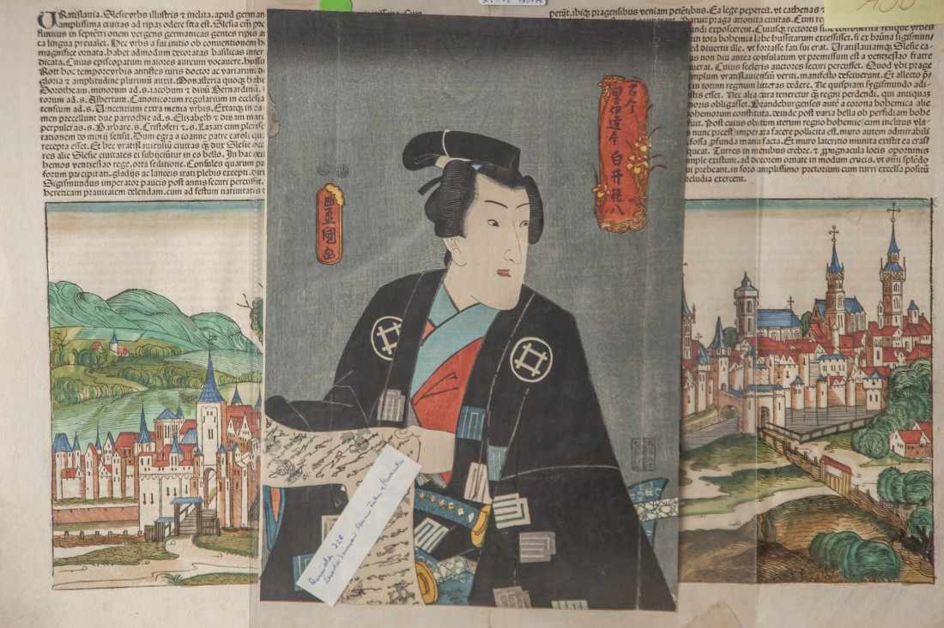Kunisada I (1786-1865), Lesender Samurai, Farbholzschnitt, ca. 36 x 25 cm, ungerahmt. Knicke, leicht