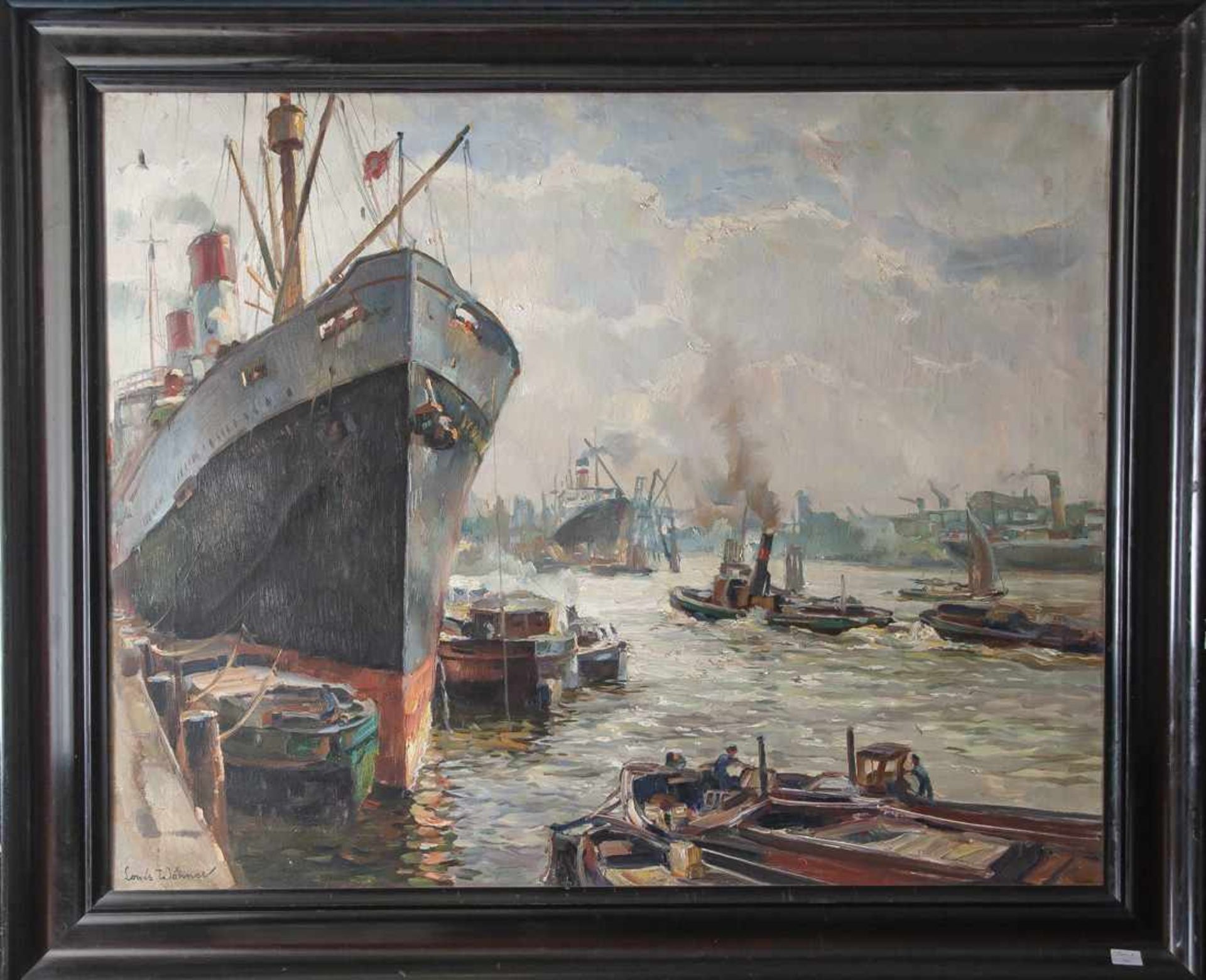 Wöhner, Louis (1888-1958), Ansicht im Hamburger Hafen, Öl/Lw, li. u. sign., rs. am Rahmen bez. Ca.