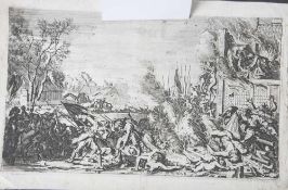 Radierung: Brandschatzung, wohl 17. Jahrhundert, mittig bez. No. 5, ca. 18 x 29,5 cm. Blatt vergilbt