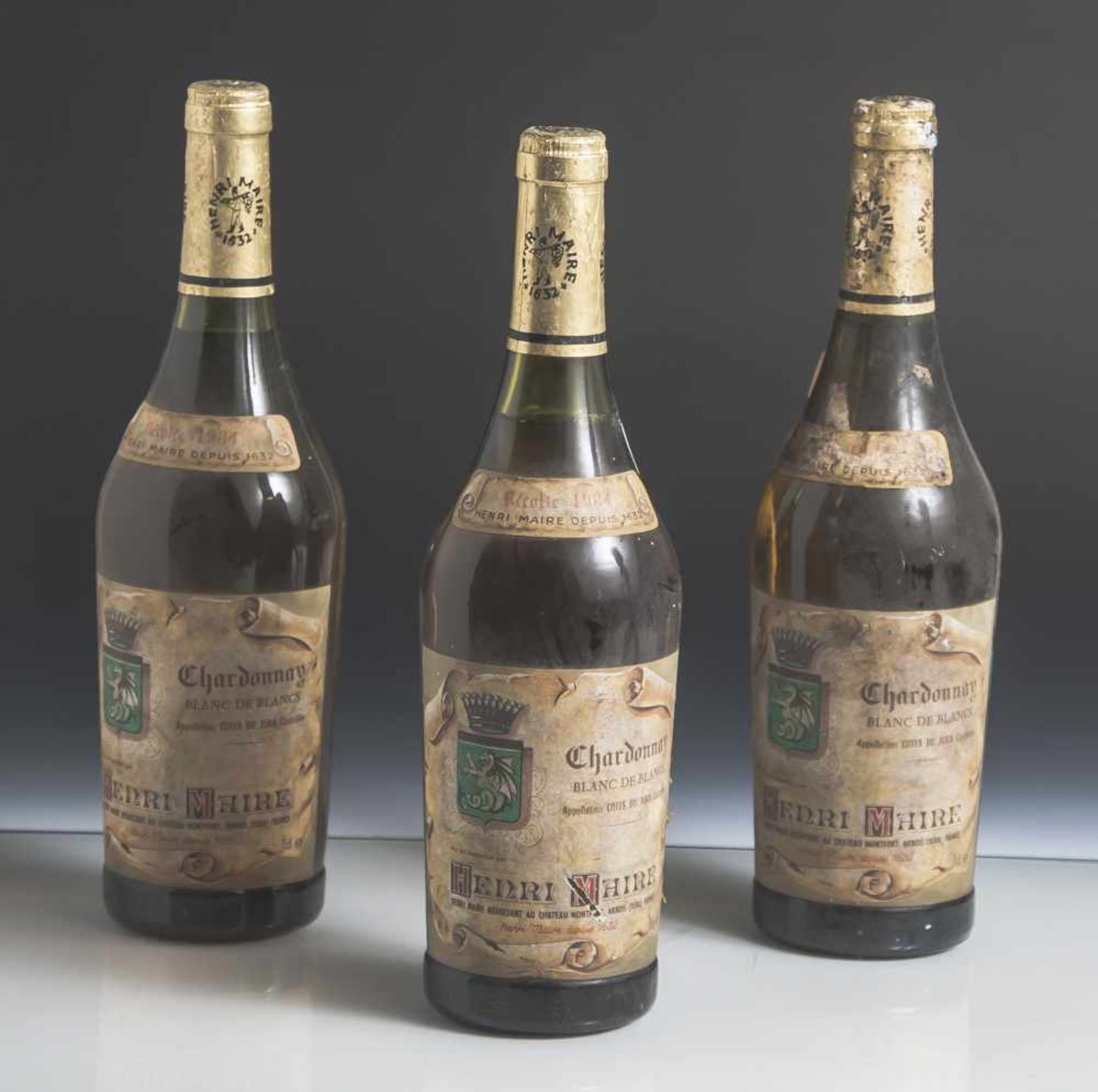 3 Flaschen Blanc de Blancs, Chardonnay Cotes du Jura, Henri Maire, Frankreich Chateau Montfort,