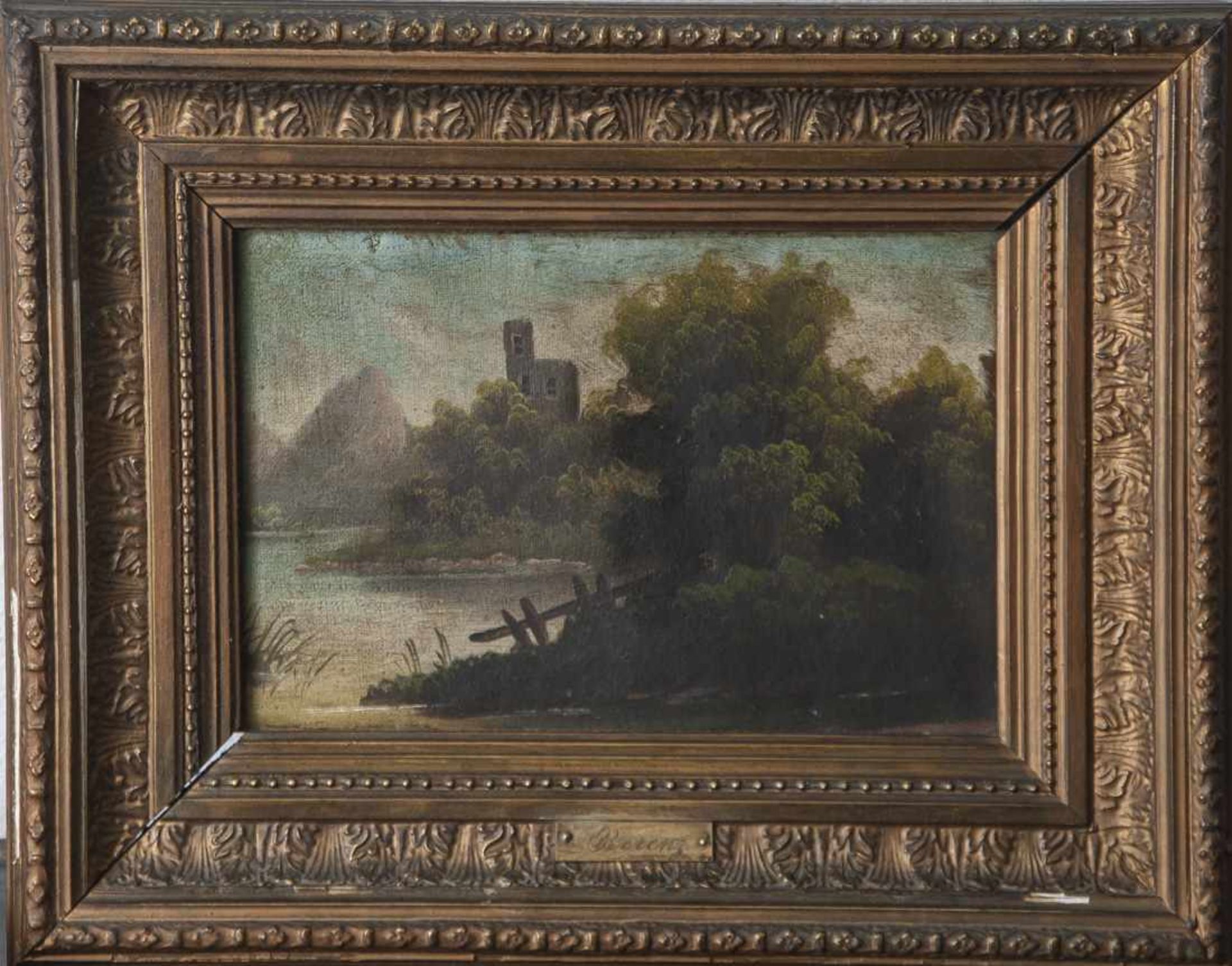 Unbekannter Künstler (19. Jahrhundert), Landschaftsdarstellung, Burgruine an Flußlauf. Öl/Lw.,