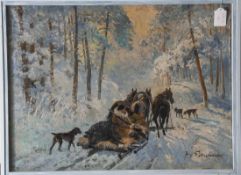 Potrzebowski, Jerzy (1921-1974), Nach der Jagd, Öl/Lw, re. u. sign., verschneite Winterlandschaft