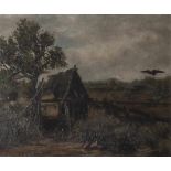 Unbekannter Künstler (19./20. Jahrhundert), Moorlandschaft mit 2 Kaninchen auf der Flucht vor