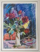 Jani, "Vase mit Blumen", Pastell, re. u. sign. Ca. 41 x 60 cm, PP, hinter Glas gerahmt.