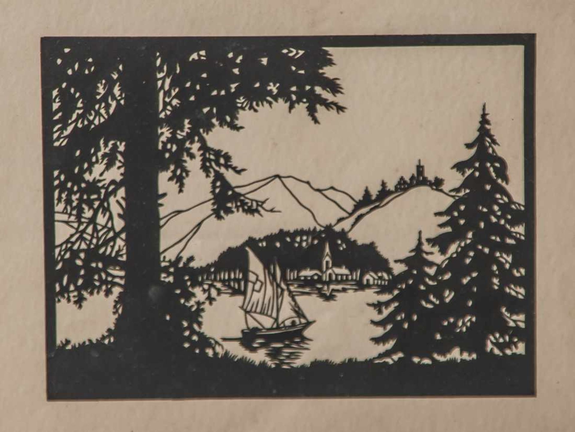 Scherenschnitt, 1. Hälfte 20. Jahrhundert, Bergsee mit Segler, ca. 20 x 15 cm, hinter Glas