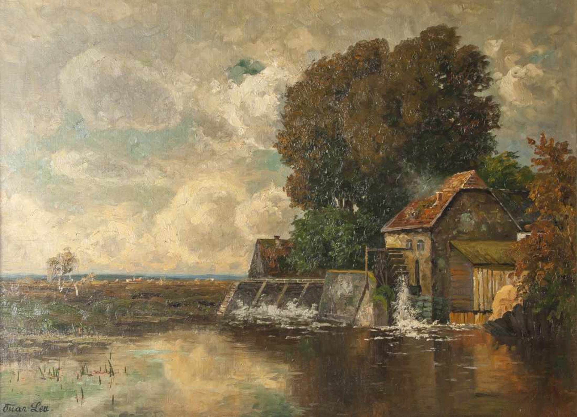 Leu, Oscar (1864-1942), Mühle am See, Öl/Lw., li. u. sign., ca. 70 x 97 cm, gerahmt. Lw. m.