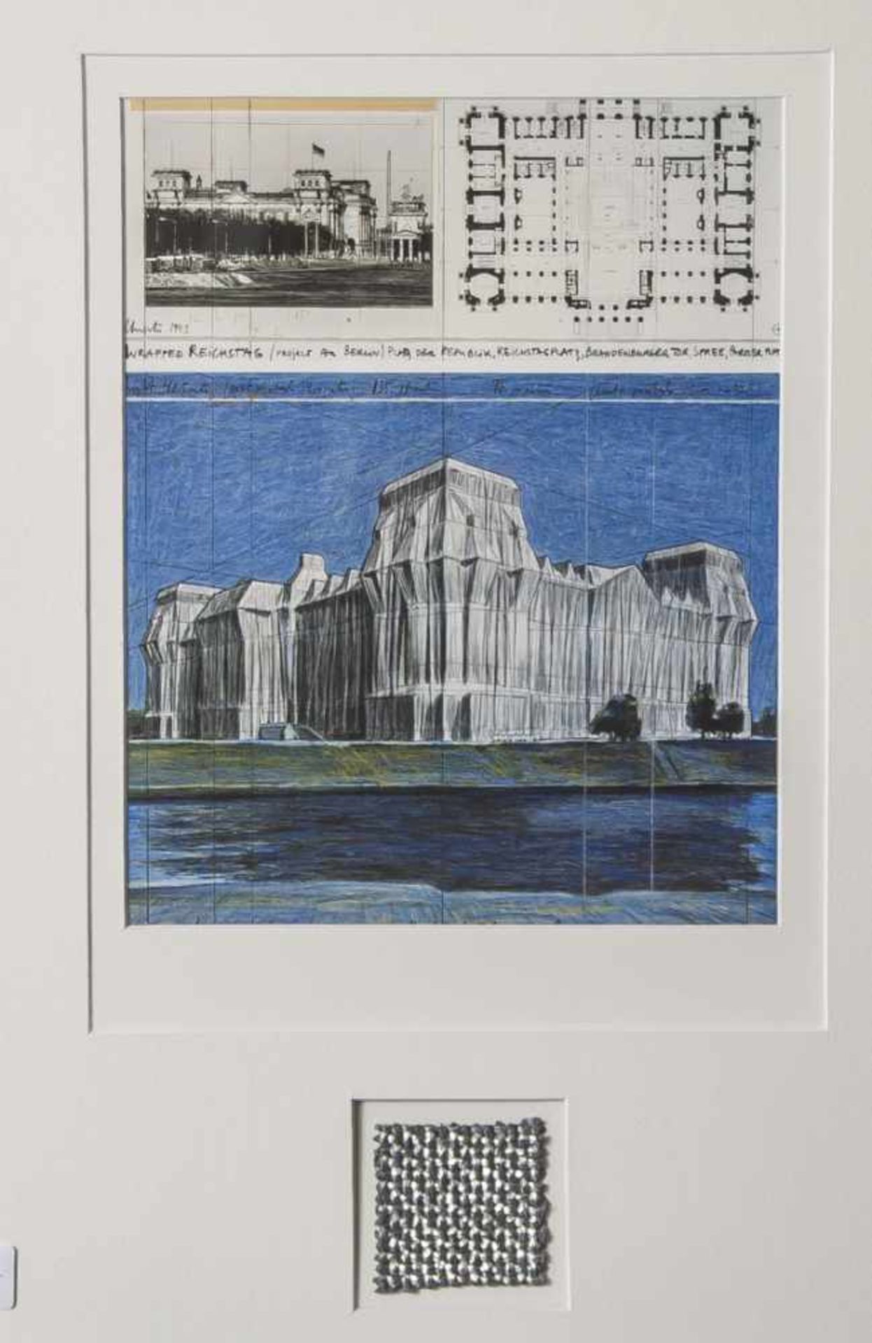Christo (geb. 1935) und Jeanne-Claude (1935-2009), "Verhüllter Reichstag" mit org. Gewebestück,