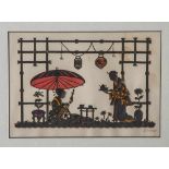 Scherenschnitt, 1. Hälfte 20. Jahrhundert, Japanische Teezeremonie, farbig unterlegt, re. u. m.
