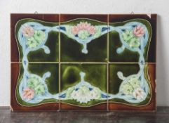 Jugendstil-Fliesenbild, bestehend aus 6 Fliesen, Steingut, polychromes Floraldekor auf braun-