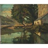 Werner, Max (1879-1952), Anwesen am See, Öl/Holz, li. unten sign. Ca. 23,5 x 27,5 cm, ungerahmt,