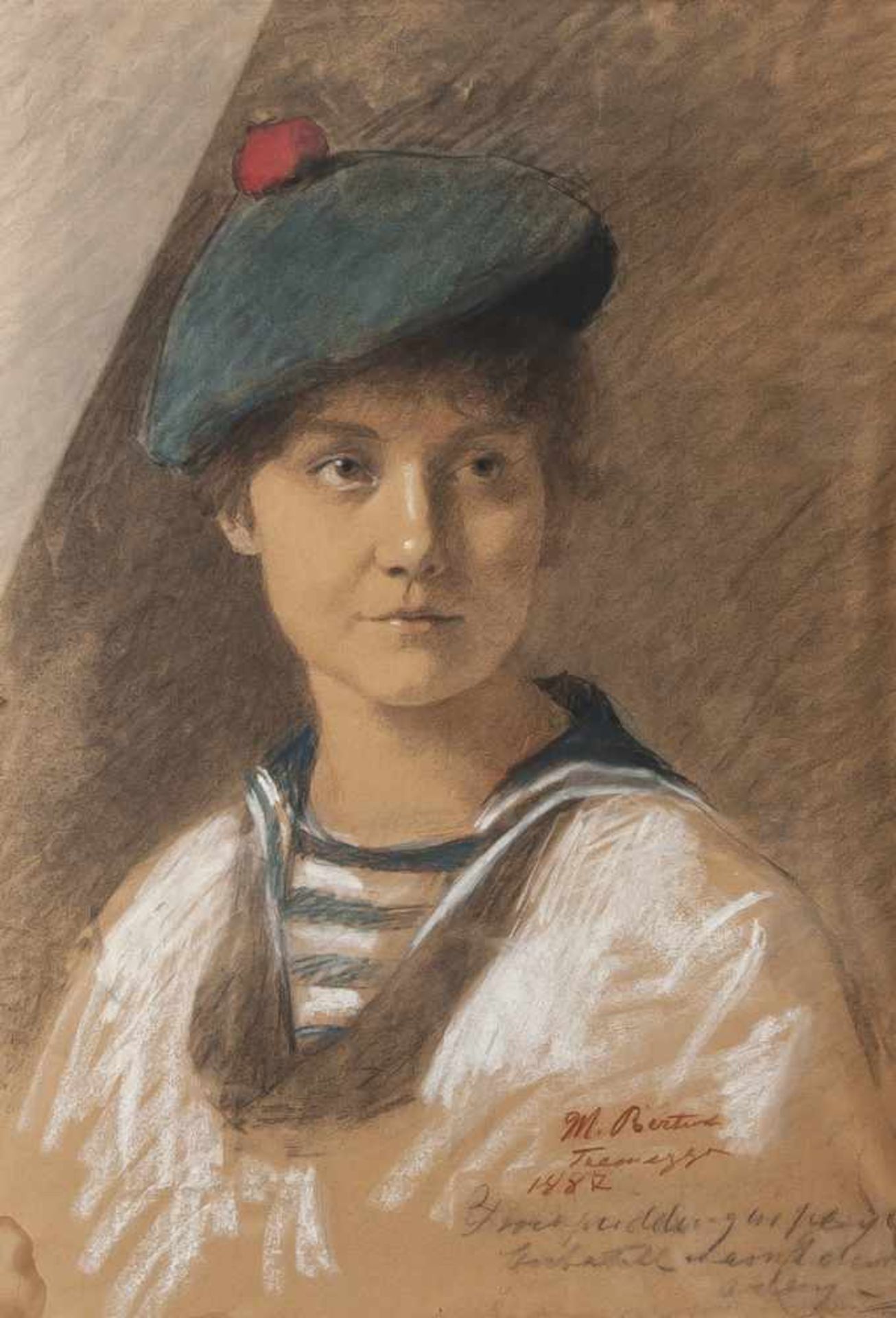 Unbekannter Porträtist (19./20. Jahrhundert), Junge Frau in Matrosenuniform, Farbkreide/Kohle, re.