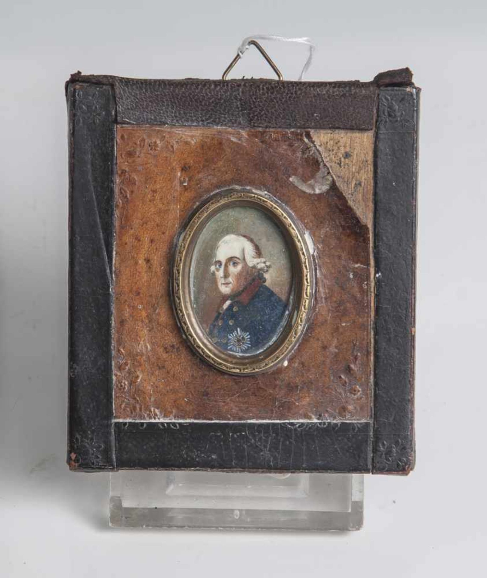 Miniatur, Porträt Friedrich II. von Preussen (Alte Fritz), wohl zeitgen. Malerei, Öl/Bein, ovale