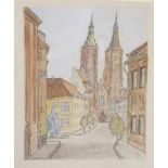 Stapel, Rudolf (geboren 1925), Blick auf den Breslauer Dom, Aquarell/Papier, auf Karton aufgez., li.