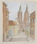 Stapel, Rudolf (geboren 1925), Blick auf den Breslauer Dom, Aquarell/Papier, auf Karton aufgez., li.