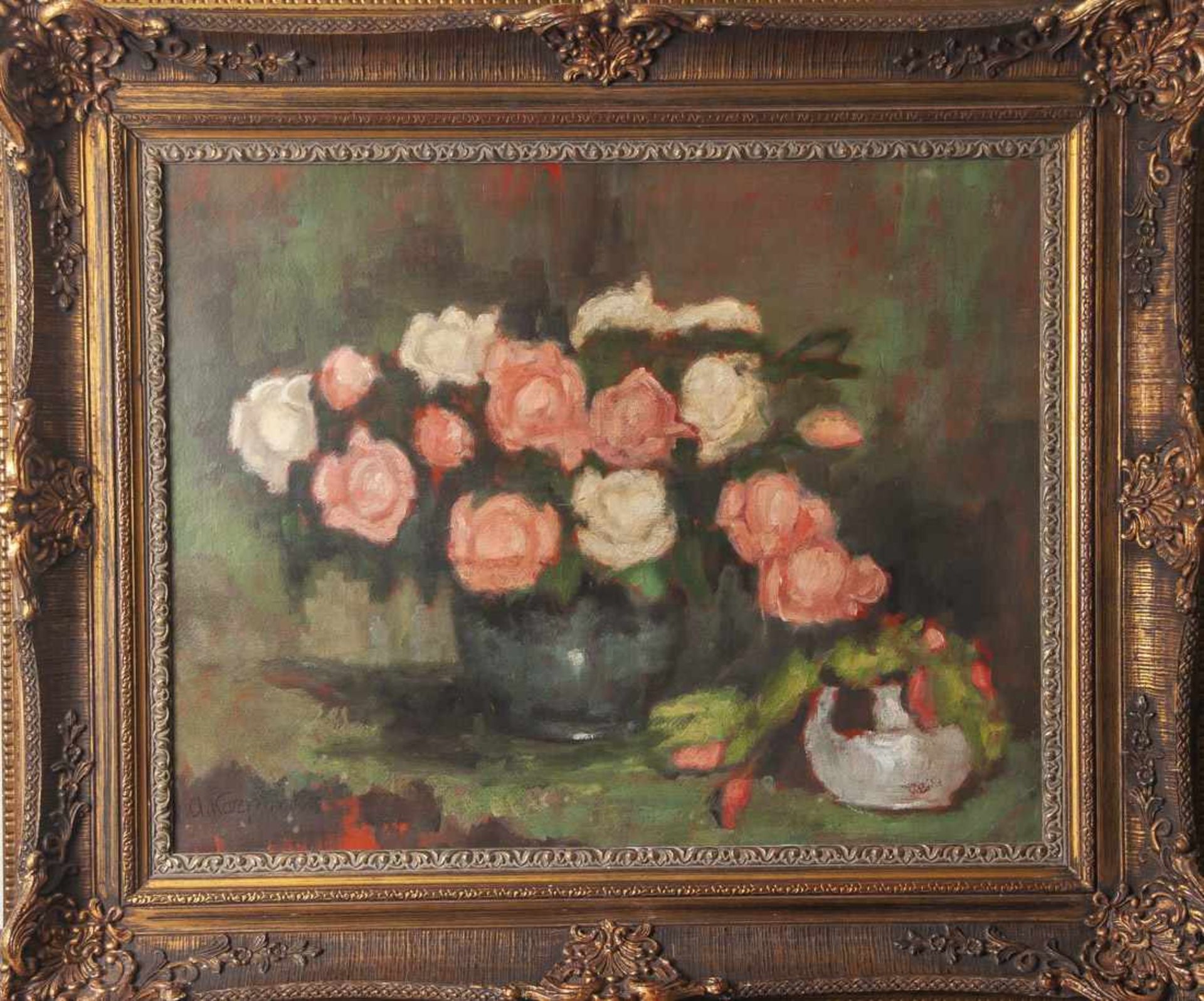 Karpinski, Alfons (1875-1961), Rosenstillleben in Vase, Öl/Malkarton, li. u. sign., Rahmen rs. m.