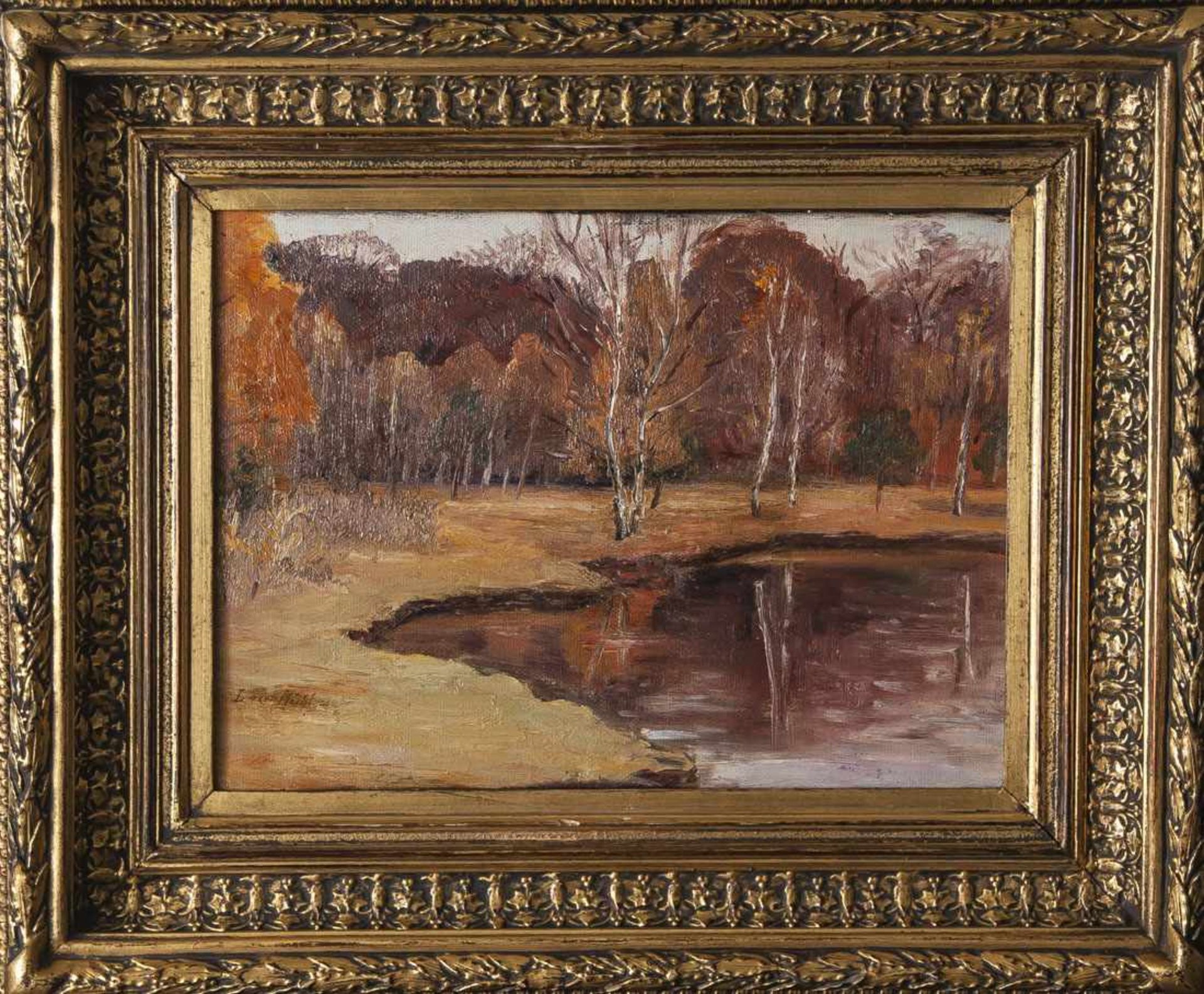 Mühlen, L. von (19./20. Jahrhundert), Herbstliche Landschaft mit Birken an einem Gewässer, Öl/Lw.,