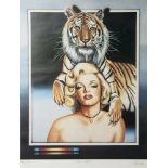 Plakat, Marylin Monroe mit Tiger, re. u. unleserl. sign. (wohl Dahl?), mittig unleserl. betitelt,